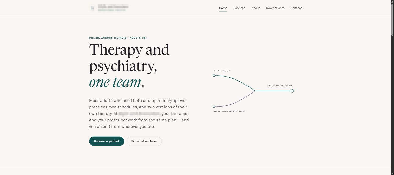 Homepage of a behavioral health practice: a calm cream page with a serif headline and a line diagram joining talk therapy and medication management into one plan.