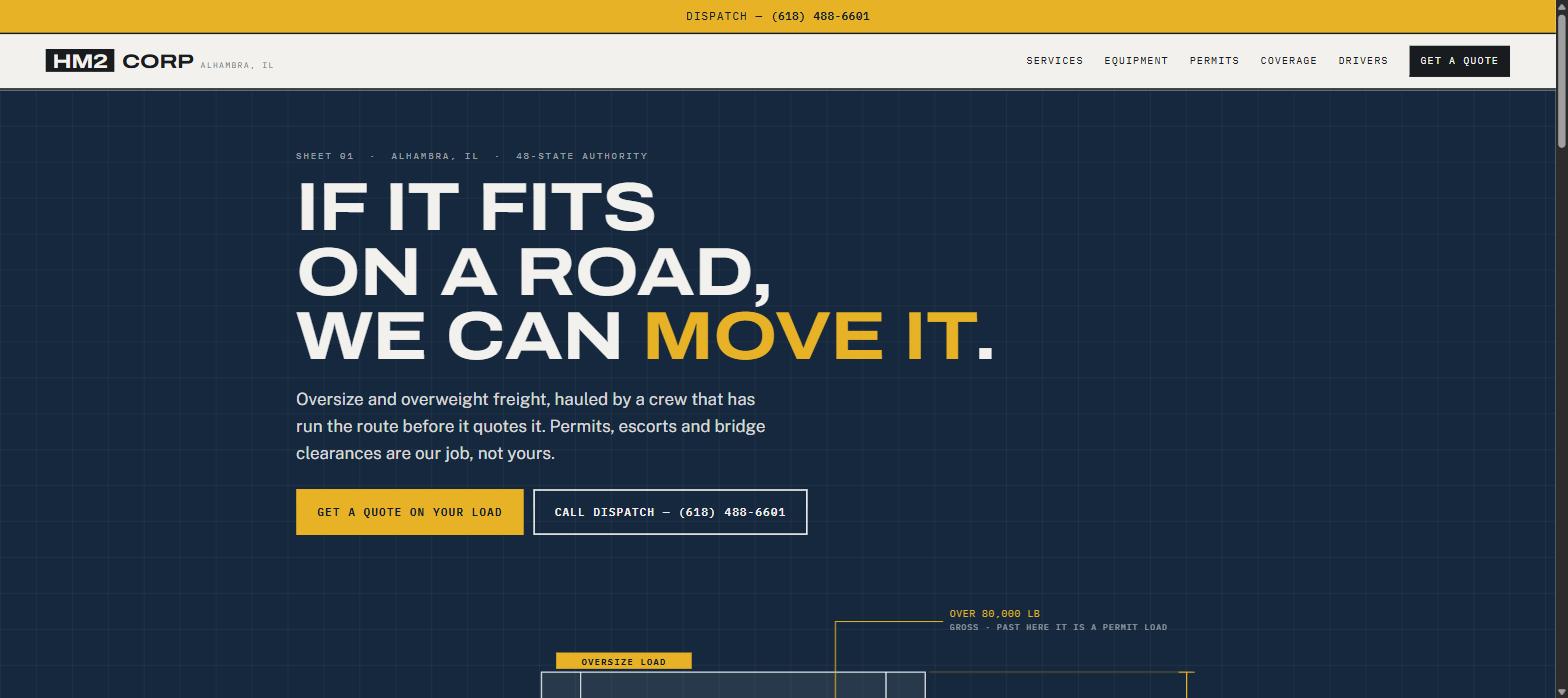 Homepage of a heavy-haul freight site: an oversize-load headline set across a dark navy drafting grid, with a quote button and a dispatch phone number.