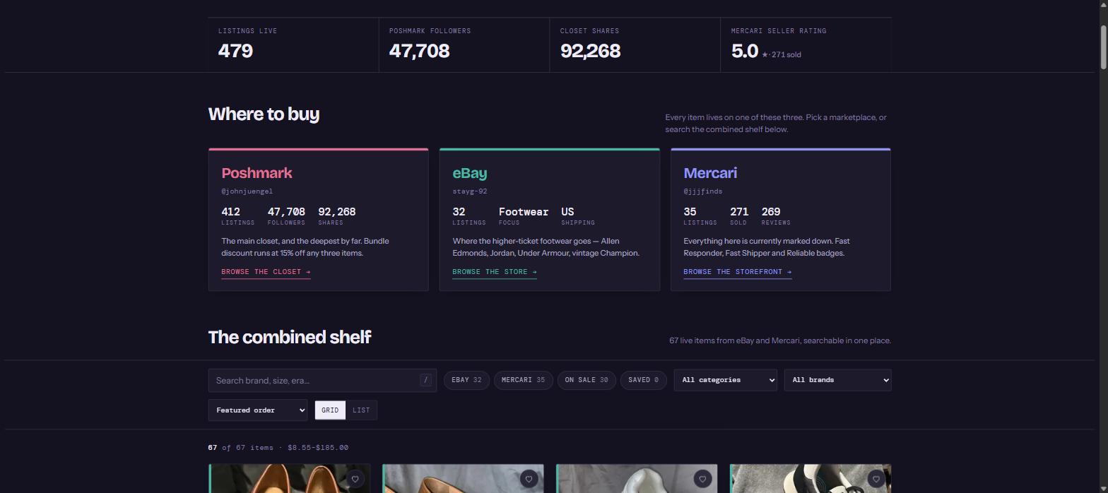 A resale site: three marketplace cards side by side with live listing counts, above a combined searchable shelf of every item with filters.